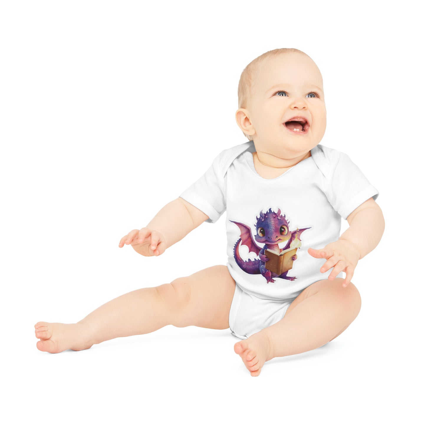 "Adorable Baby Dragon with Book" - Baby Organic Short Sleeve Bodysuit