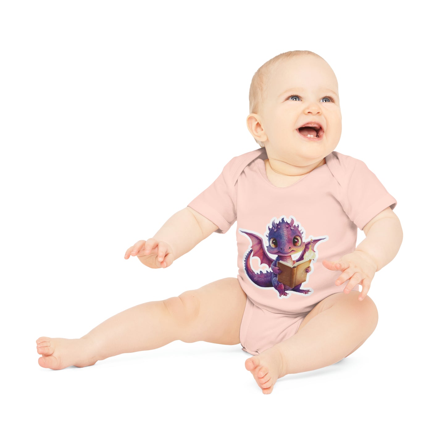 "Adorable Baby Dragon with Book" - Baby Organic Short Sleeve Bodysuit