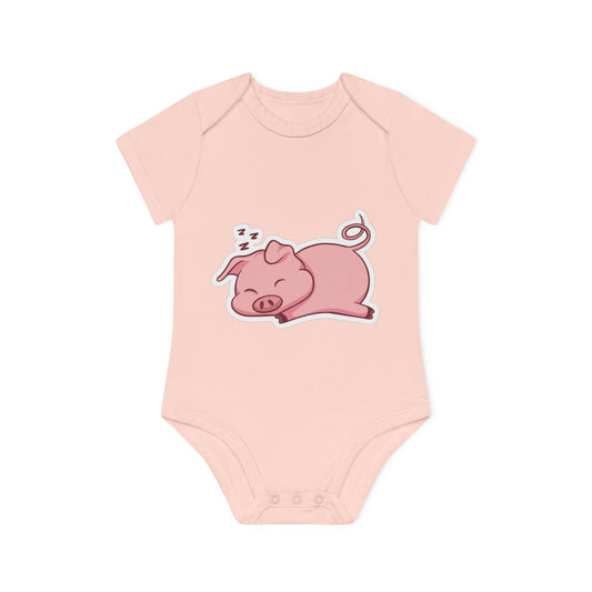 "Adorable Sleepy Piggie" - Baby Organic Short Sleeve Bodysuit