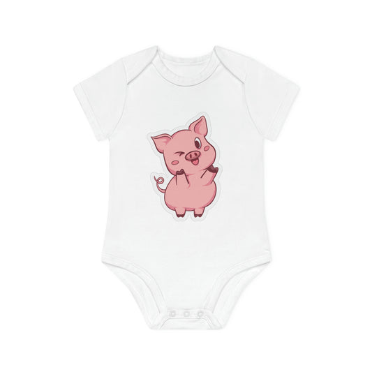 "Adorable Piggie Wink"- Organic Baby Bodysuit: Play- Baby Organic Short Sleeve Bodysuit