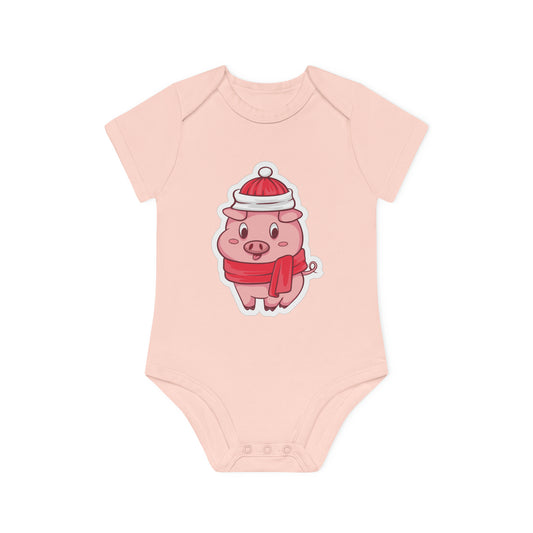 "Winter Piggie Cutie" - Baby Organic Short Sleeve Bodysuit